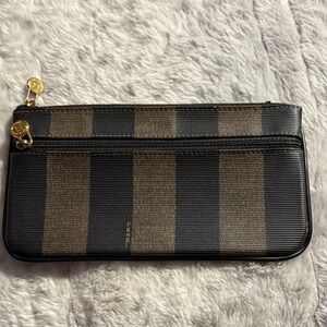 Fendi Black and Brown Striped Pouch with Gold Zippers